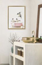 Sylvie Penguins Playing in Cottage Rose Bath Framed Canvas by Amy Peterson Art Studio