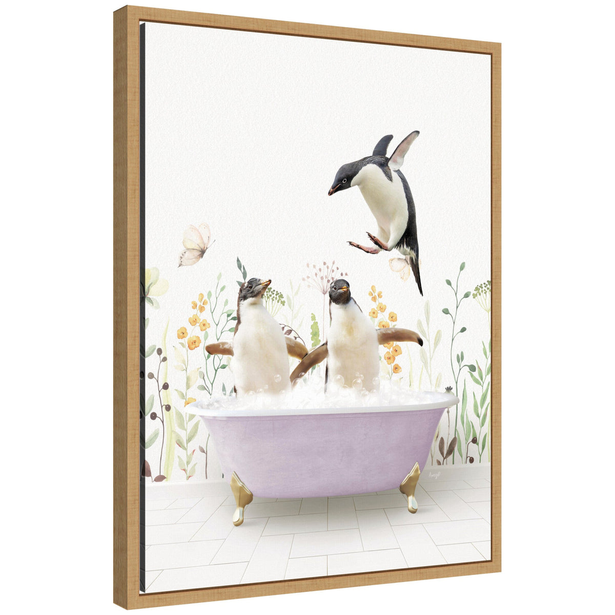 Sylvie Penguins in Spring Bathtub Framed Canvas by Amy Peterson