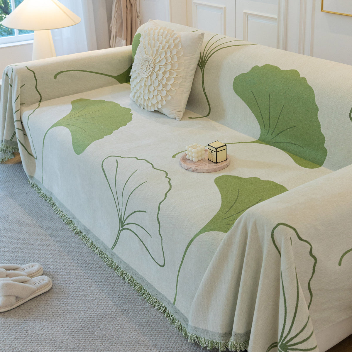 Cozy Couch Throw Blanket with Tassels, Jacquard Leaf Pattern Furniture Protector