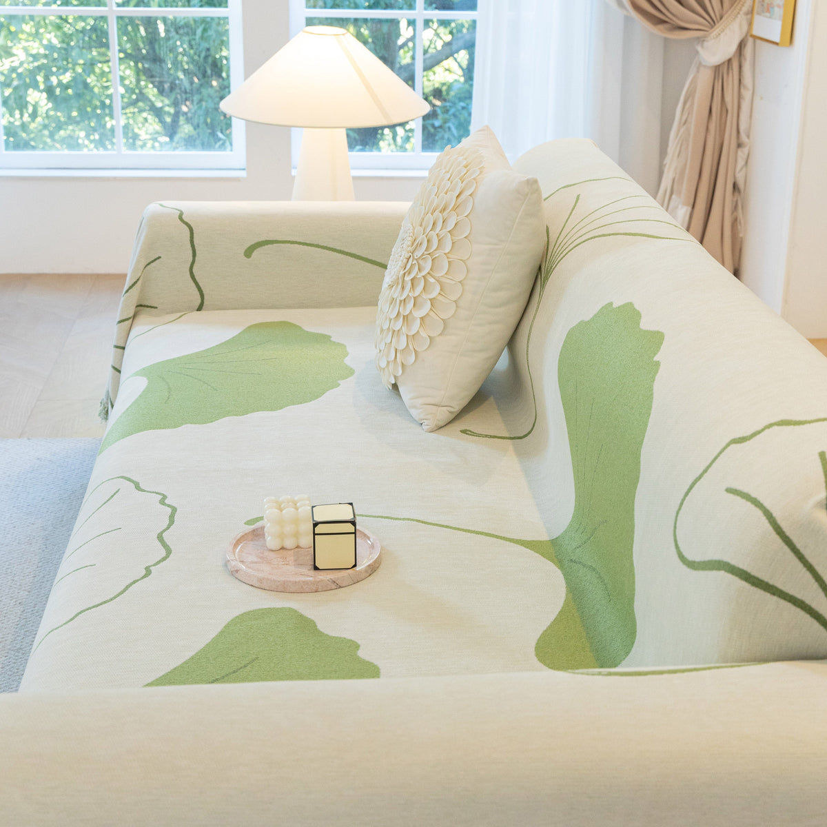 Cozy Couch Throw Blanket with Tassels, Jacquard Leaf Pattern Furniture Protector