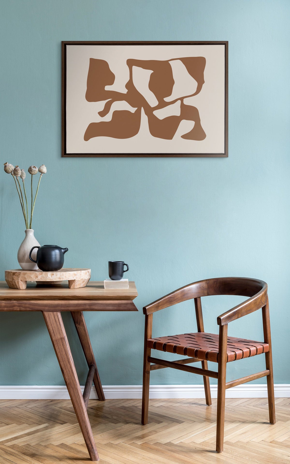 Sylvie Distorted Shapes of Brown and Tan Framed Canvas by The Creative Bunch Studio