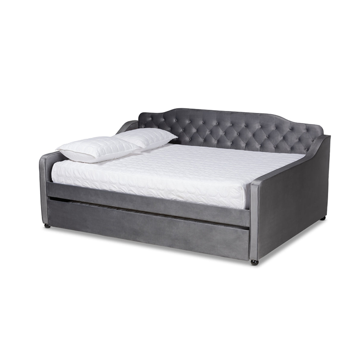 Baxton Studio Freda Transitional And Contemporary Grey Velvet Fabric Upholstered And Button Tufted Full Size Daybed With Trundle