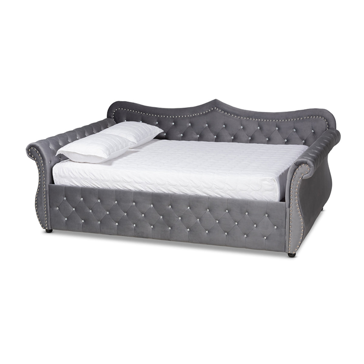 Baxton Studio Abbie Traditional And Transitional Grey Velvet Fabric Upholstered And Crystal Tufted Queen Size Daybed