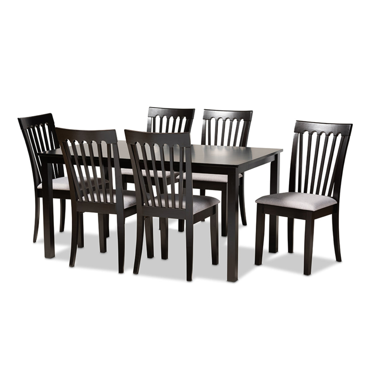 Baxton Studio Minette Modern And Contemporary Gray Fabric Upholstered And Espresso Brown Finished Wood 7Piece Dining Set