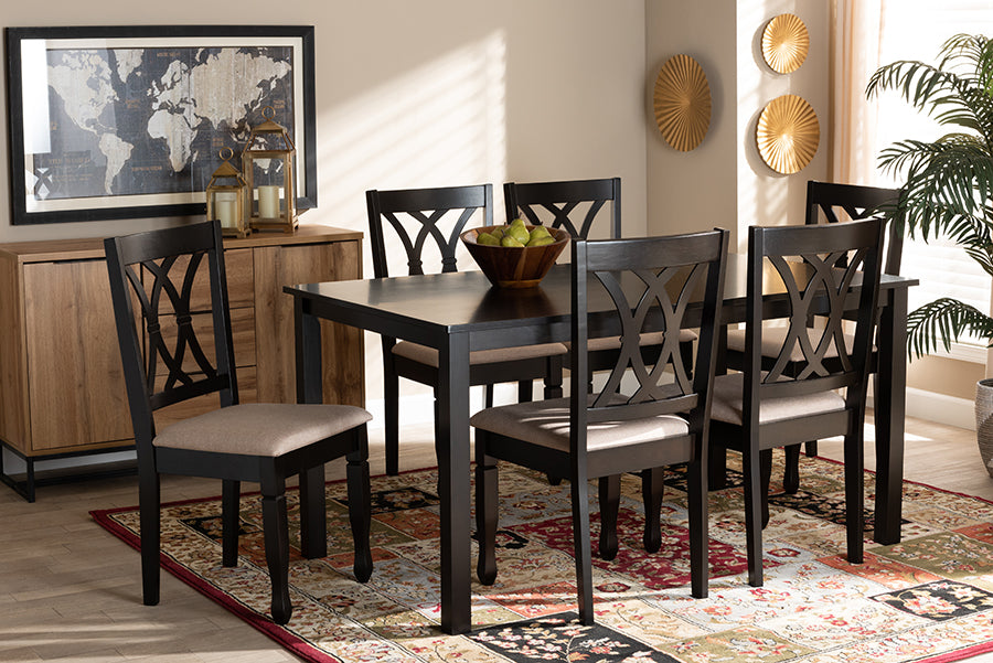 Baxton Studio Reneau Modern And Contemporary Sand Fabric Upholstered Espresso Brown Finished Wood 7Piece Dining Set