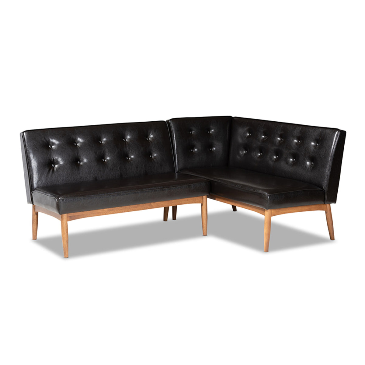 Baxton Studio Arvid Midcentury Modern Dark Brown Faux Leather Upholstered 2Piece Wood Dining Corner Sofa Bench