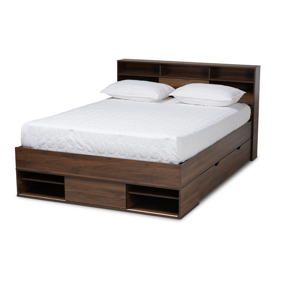 Baxton Studio Tristan Modern And Contemporary Walnut Brown Finished Wood 1Drawer Queen Size Platform Storage Bed With Shelves