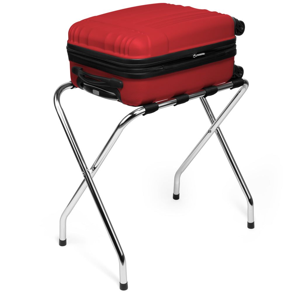 2-Tier Folding Luggage Rack, X-Shaped Steel Frame, Nylon Straps, Rubber Feet, Chrome Finish