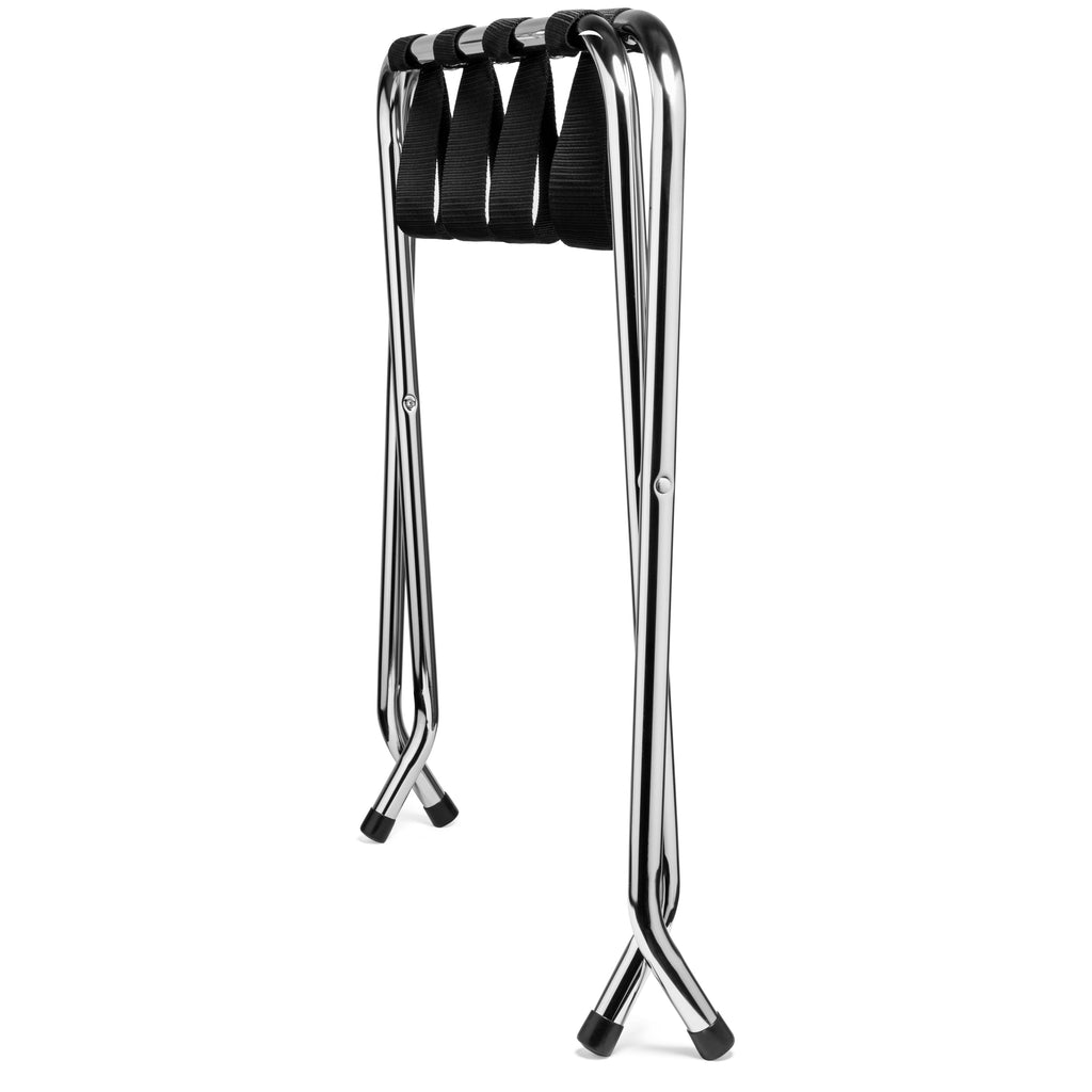 Stainless Steel X-Shaped Folding Luggage Rack with 4 Nylon Straps, Chrome Finish