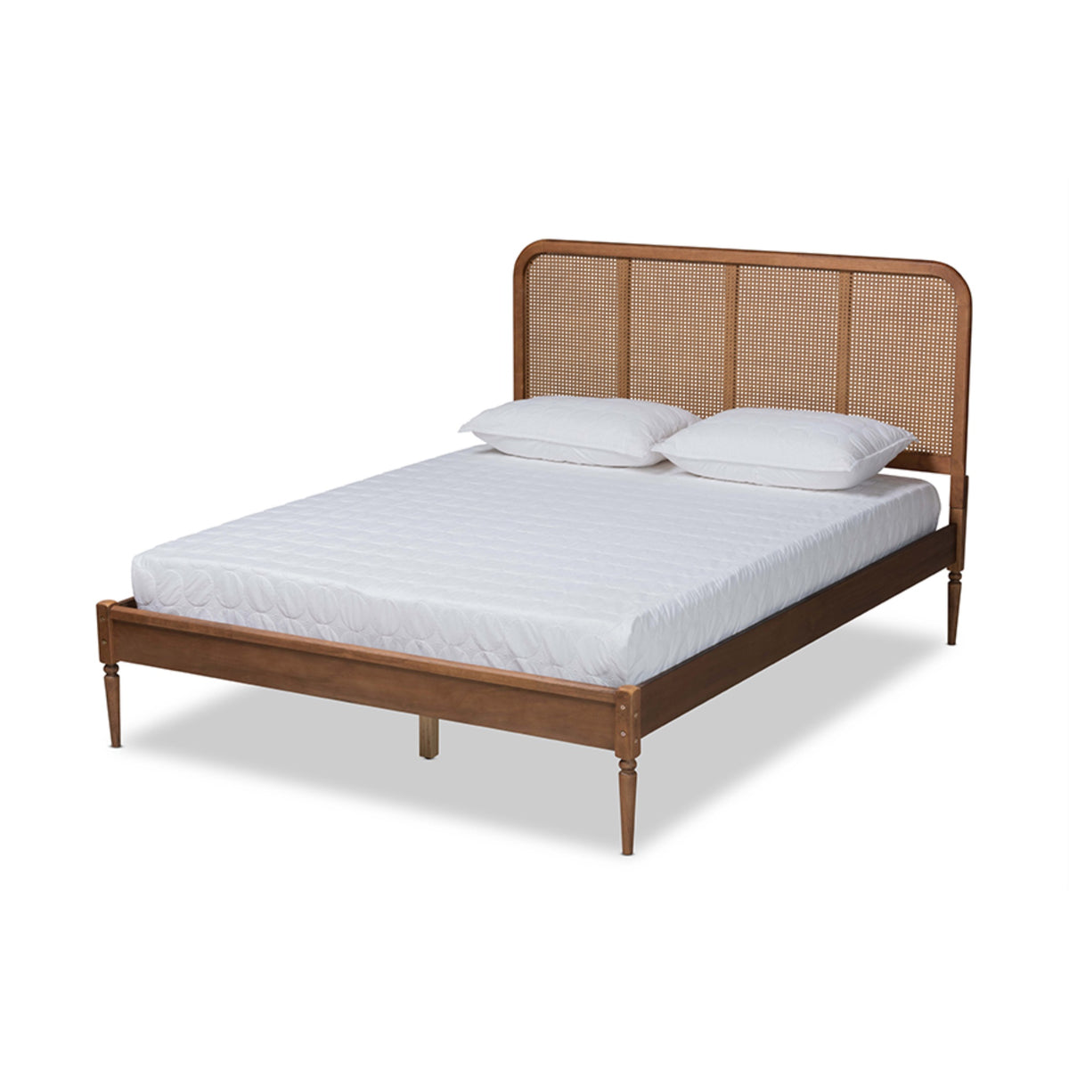 Baxton Studio Elston Midcentury Modern Walnut Brown Finished Wood And Synthetic Rattan King Size Platform Bed