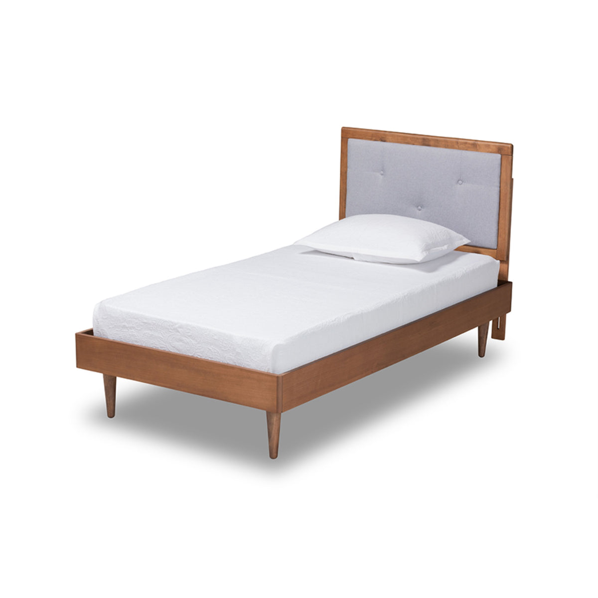 Baxton Studio Saul Midcentury Modern Light Grey Fabric Upholstered And Walnut Brown Finished Wood Twin Size Platform Bed