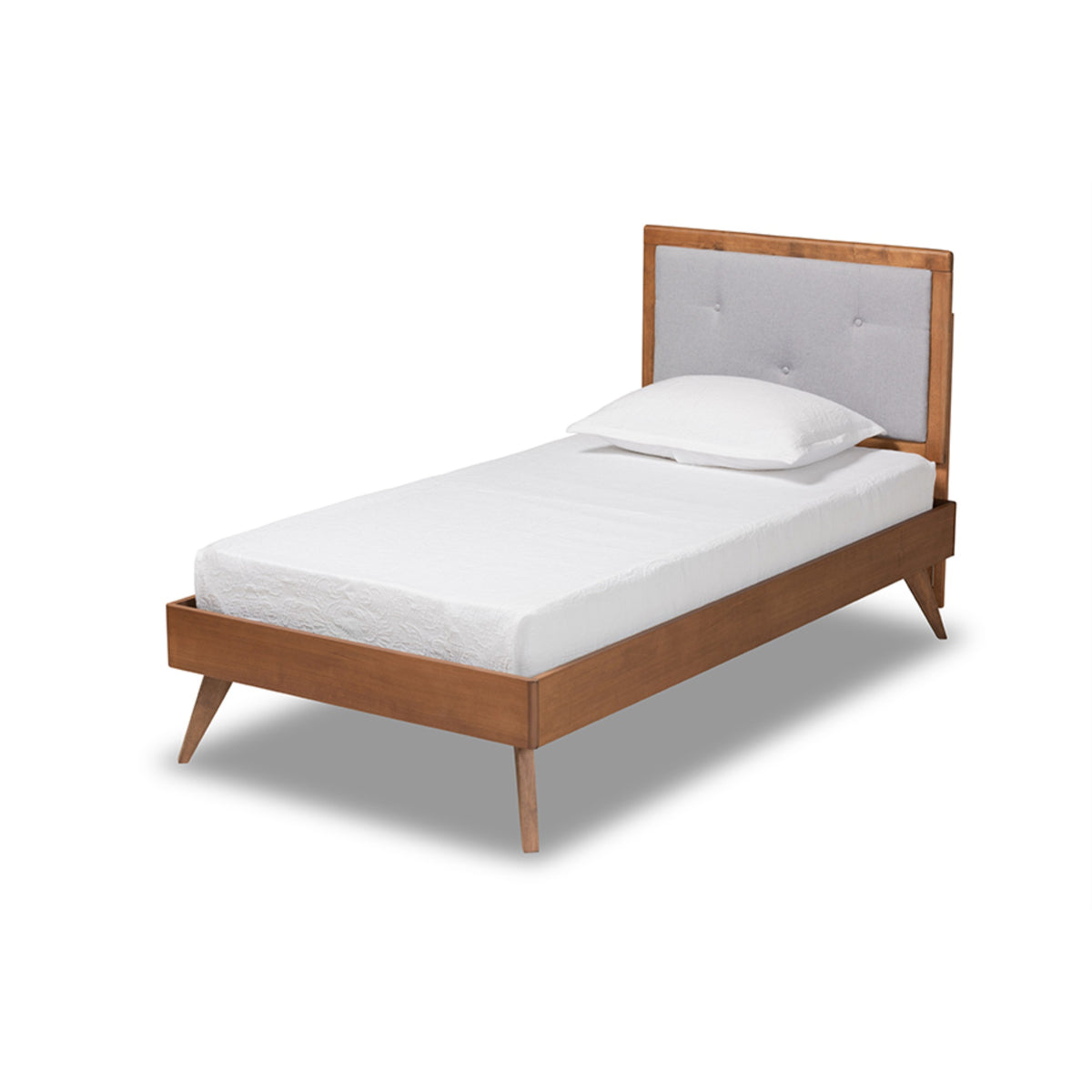 Baxton Studio Laima Midcentury Modern Light Grey Fabric Upholstered And Walnut Brown Finished Wood Twin Size Platform Bed