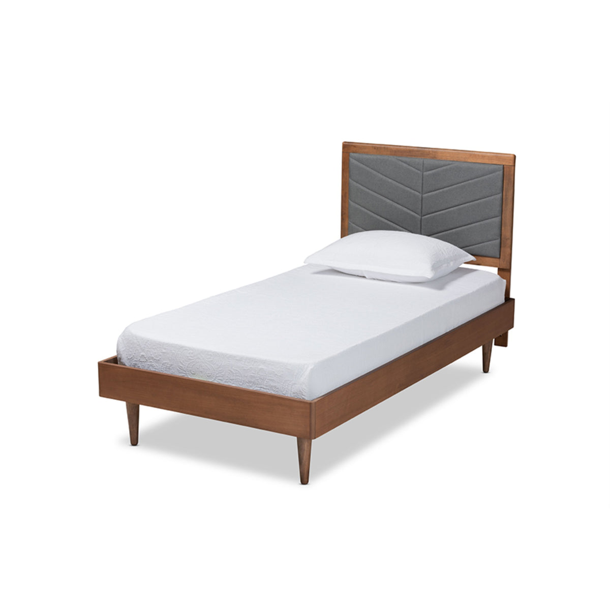 Baxton Studio Tasha Midcentury Modern Dark Grey Fabric Upholstered And Walnut Brown Finished Wood Twin Size Platform Bed