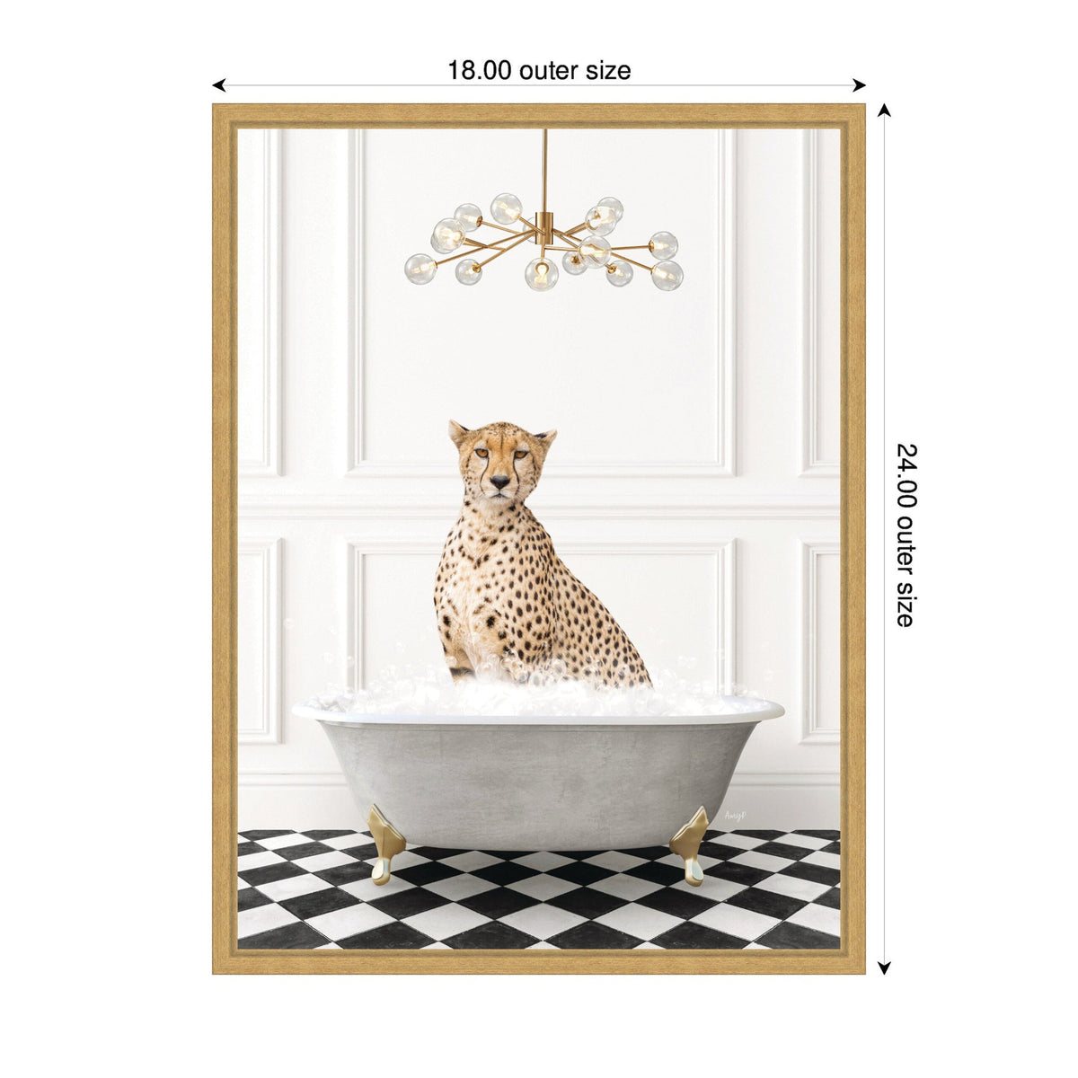 Sylvie Cheetah in Gray Bathtub on Checker Floor Framed Canvas by Amy Peterson