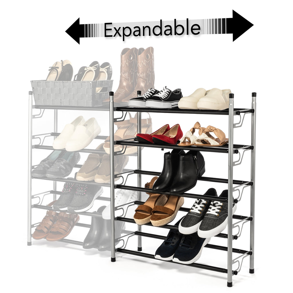 5-Tier Slide-n-Adjust Shoe Rack, Expandable Free-Standing Organizer, Silver & Black