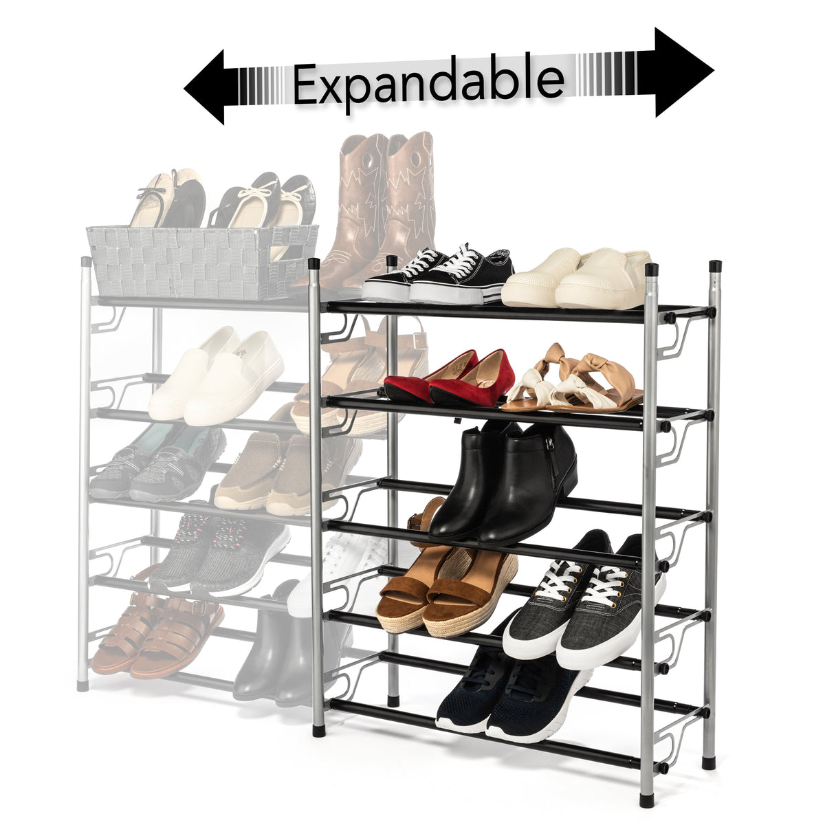 5-Tier Slide-n-Adjust Shoe Rack, Expandable Free-Standing Organizer, Silver & Black