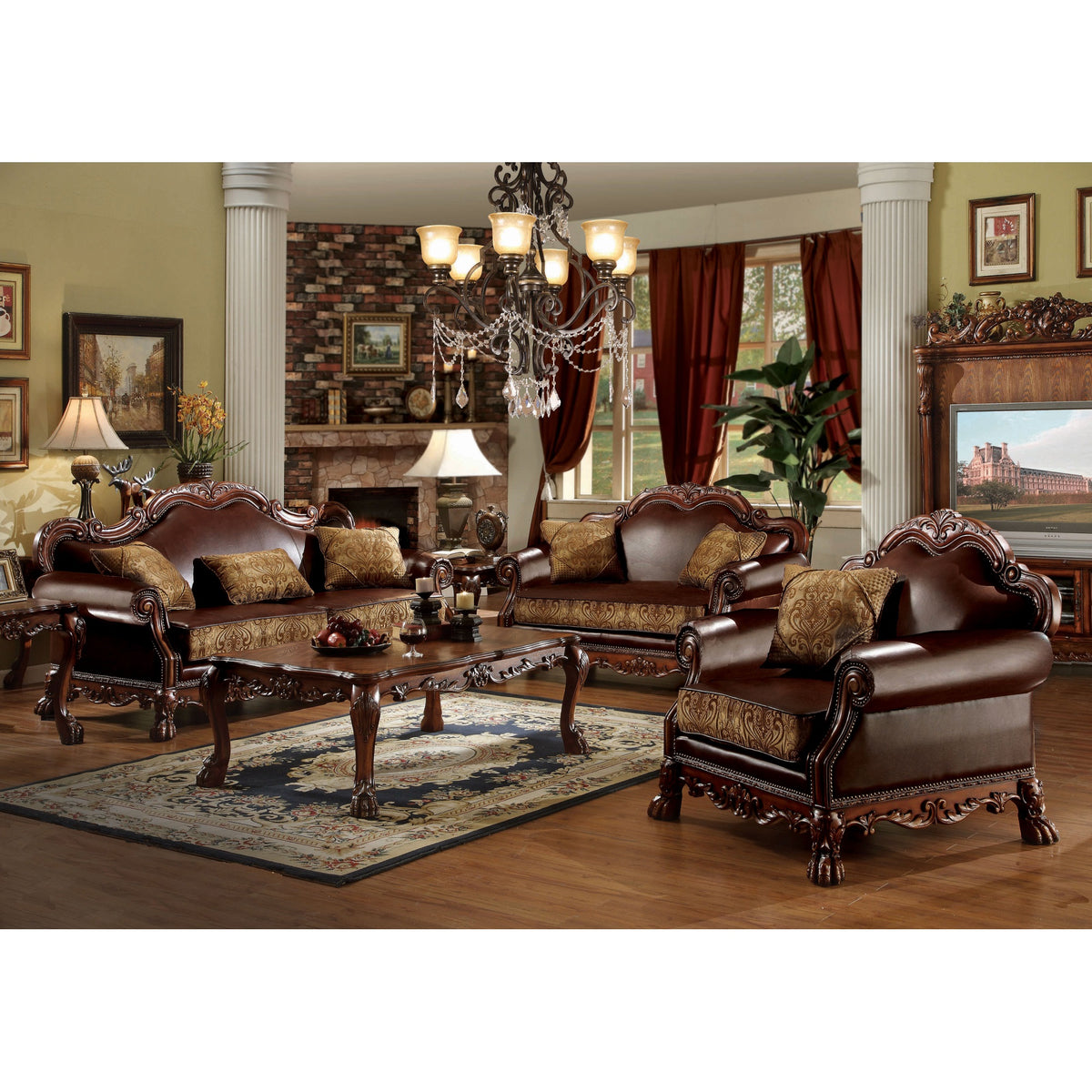 Ergode Sofa (W/3 Pillows) Brown Pu & Chenille, Cherry Oak