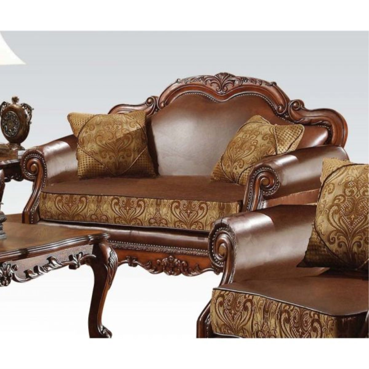 Ergode Loveseat (W/2 Pillows) Brown Pu & Chenille, Cherry Oak