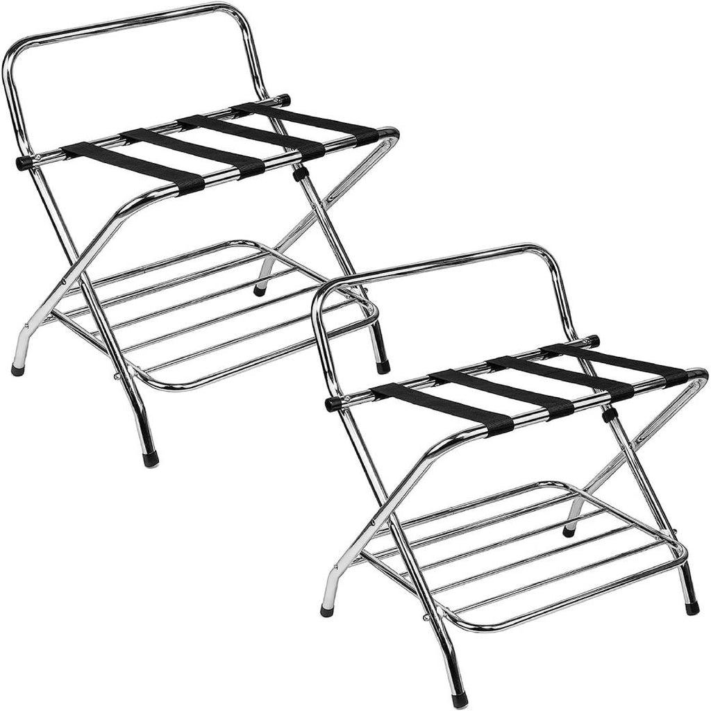 2-Tier Folding Luggage Rack with High Back, Rubber Feet, Black Alloy Steel