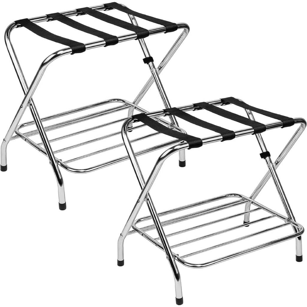 2-Tier Folding Luggage Rack with Nylon Straps, Rubber Feet, Chrome Finish