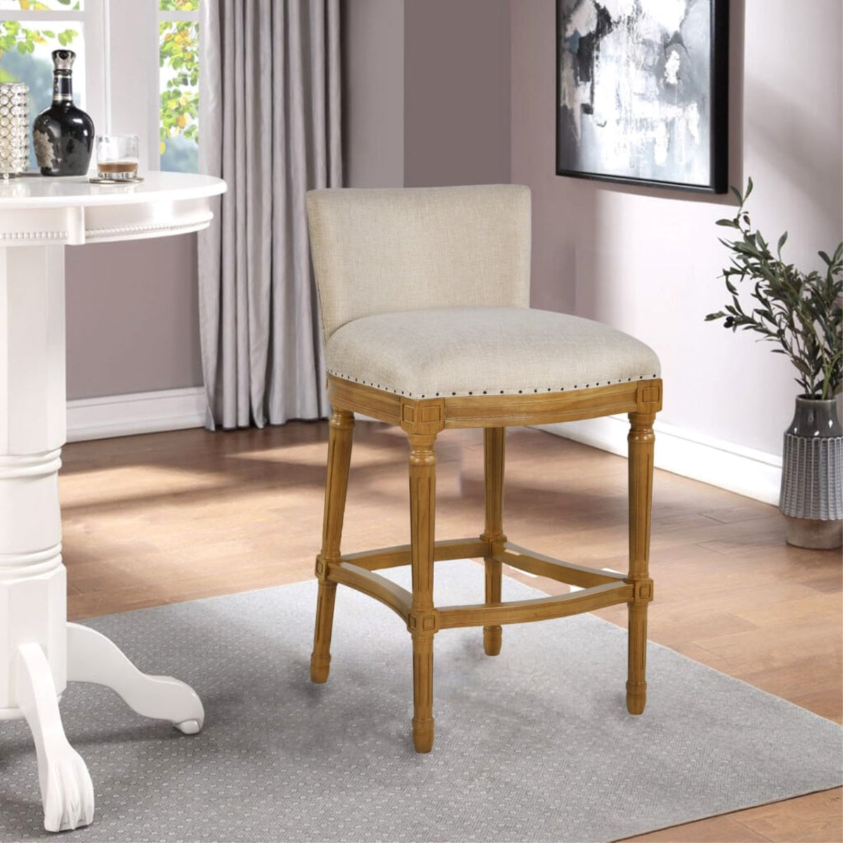 Francesca Linen And Oak Wood Bar Stool  Tan/Natural