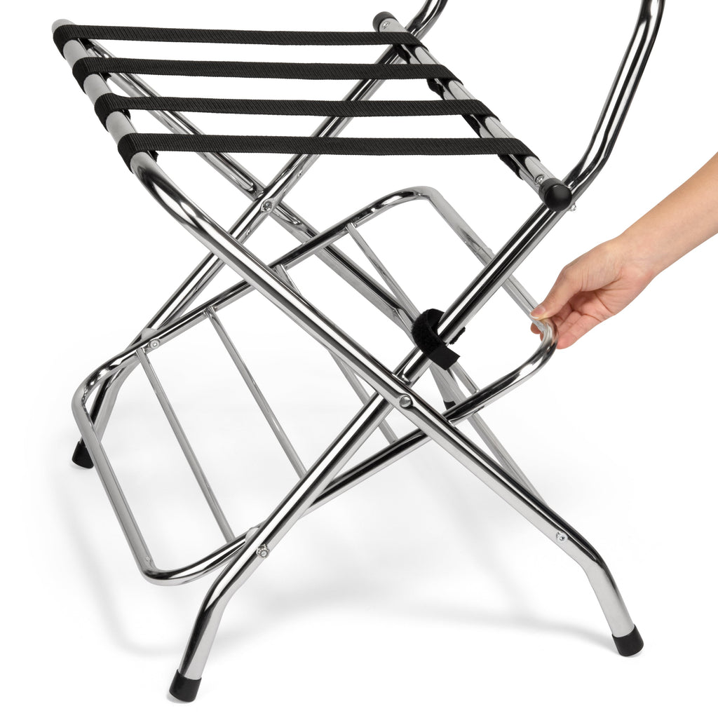 2-Tier Folding Luggage Rack with High Back, Rubber Feet, Black Alloy Steel