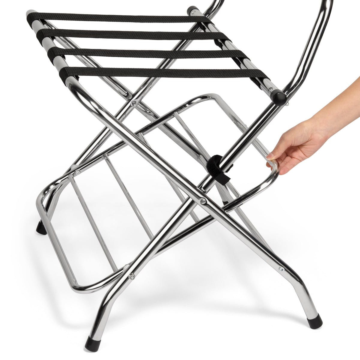 2-Tier Folding Luggage Rack with High Back, Rubber Feet, Black Alloy Steel