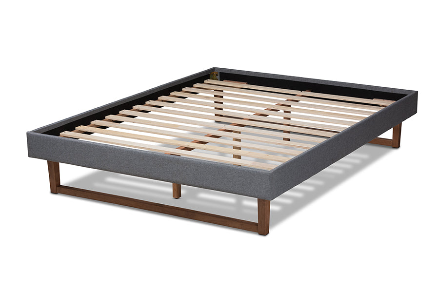 Baxton Studio Liliya Midcentury Modern Dark Grey Fabric Upholstered Walnut Brown Finished Wood King Size Platform Bed Frame