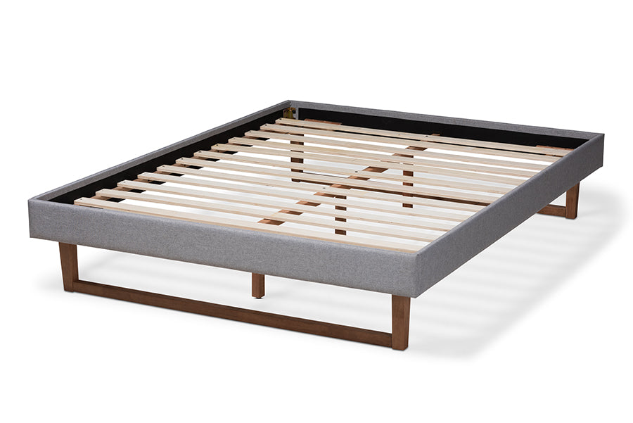 Baxton Studio Liliya Midcentury Modern Light Grey Fabric Upholstered Walnut Brown Finished Wood King Size Platform Bed Frame