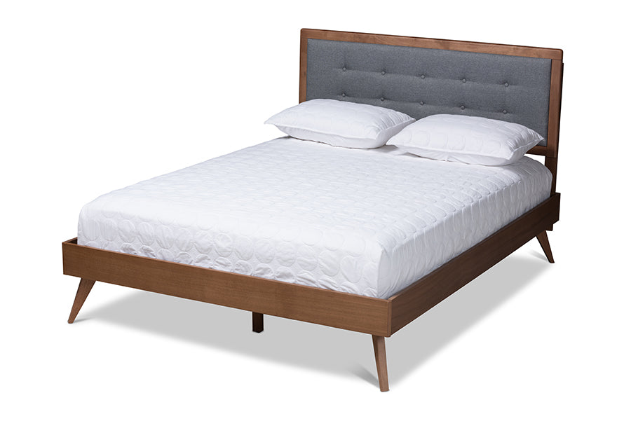 Baxton Studio Ines Midcentury Modern Dark Grey Fabric Upholstered Walnut Brown Finished Wood King Size Platform Bed