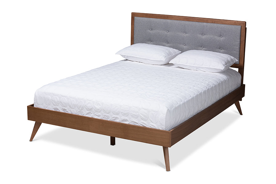 Baxton Studio Ines Midcentury Modern Light Grey Fabric Upholstered Walnut Brown Finished Wood King Size Platform Bed