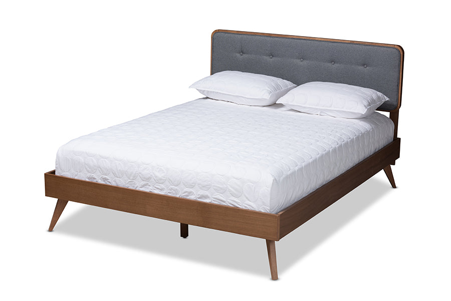 Baxton Studio Dilara Midcentury Modern Dark Grey Fabric Upholstered Walnut Brown Finished Wood Queen Size Platform Bed