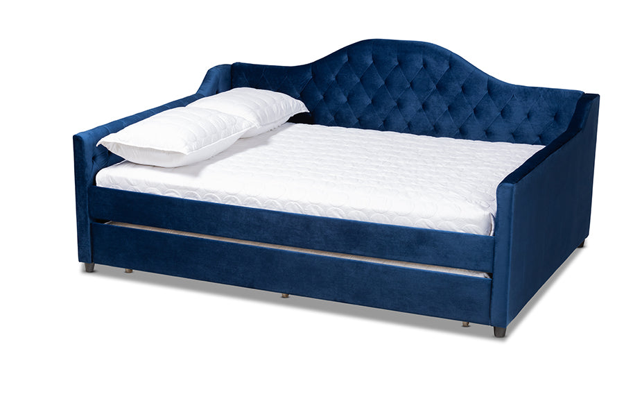 Baxton Studio Perry Modern And Contemporary Royal Blue Velvet Fabric Upholstered And Button Tufted Queen Size Daybed With Trundl