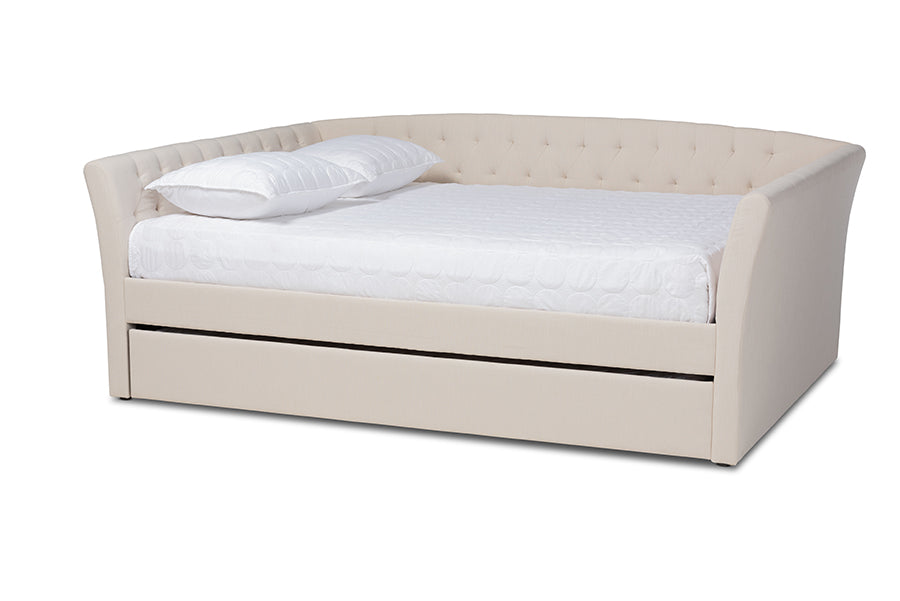 Baxton Studio Delora Modern And Contemporary Beige Fabric Upholstered Queen Size Daybed With Rollout Trundle Bed