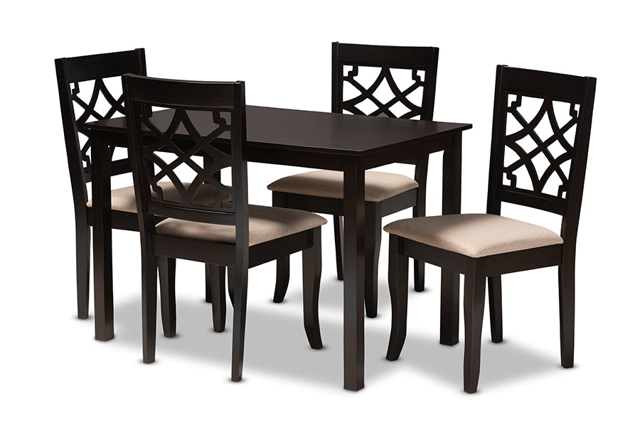 Baxton Studio Mael Modern And Contemporary Sand Fabric Upholstered Espresso Brown Finished 5Piece Wood Dining Set