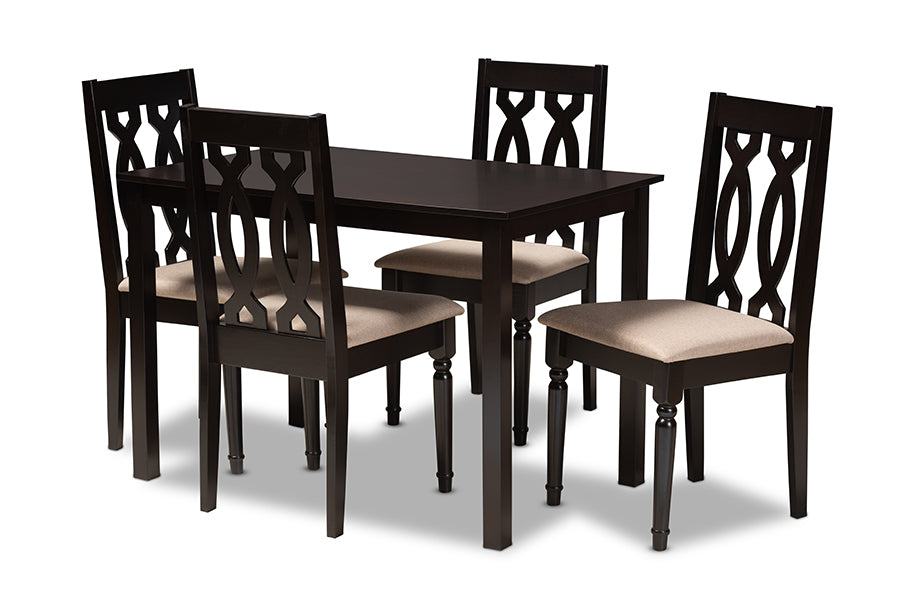 Baxton Studio Cherese Modern And Contemporary Sand Fabric Upholstered Espresso Brown Finished 5Piece Wood Dining Set