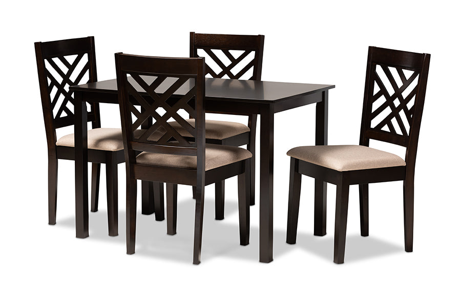 Baxton Studio Caron Modern And Contemporary Sand Fabric Upholstered Espresso Brown Finished Wood 5Piece Dining Set