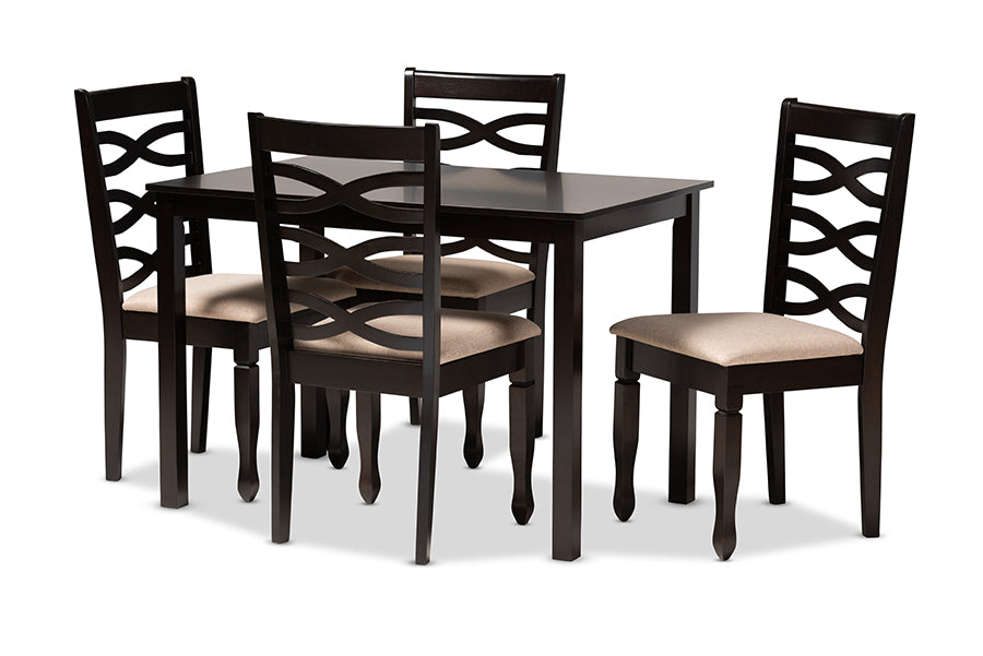 Baxton Studio Lanier Modern And Contemporary Sand Fabric Upholstered Espresso Brown Finished Wood 5Piece Dining Set
