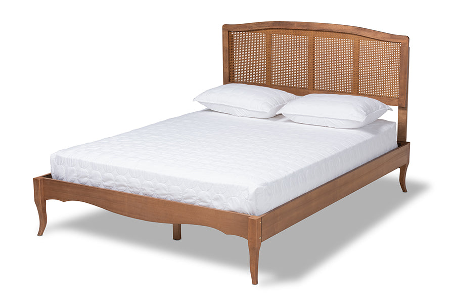 Baxton Studio Marieke Vintage French Inspired Ash Wanut Finished Wood And Synthetic Rattan Queen Size Platform Bed