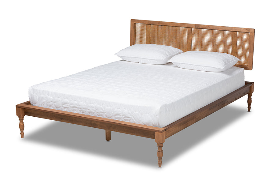 Baxton Studio Romy Vintage French Inspired Ash Wanut Finished Wood And Synthetic Rattan King Size Platform Bed