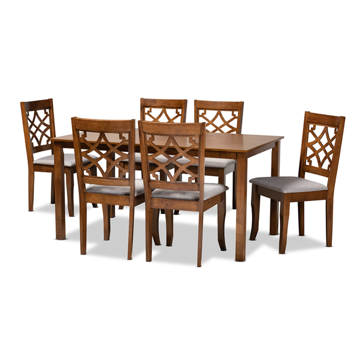 Baxton Studio Mael Modern And Contemporary Grey Fabric Upholstered And Walnut Brown Finished Wood 7Piece Dining Set