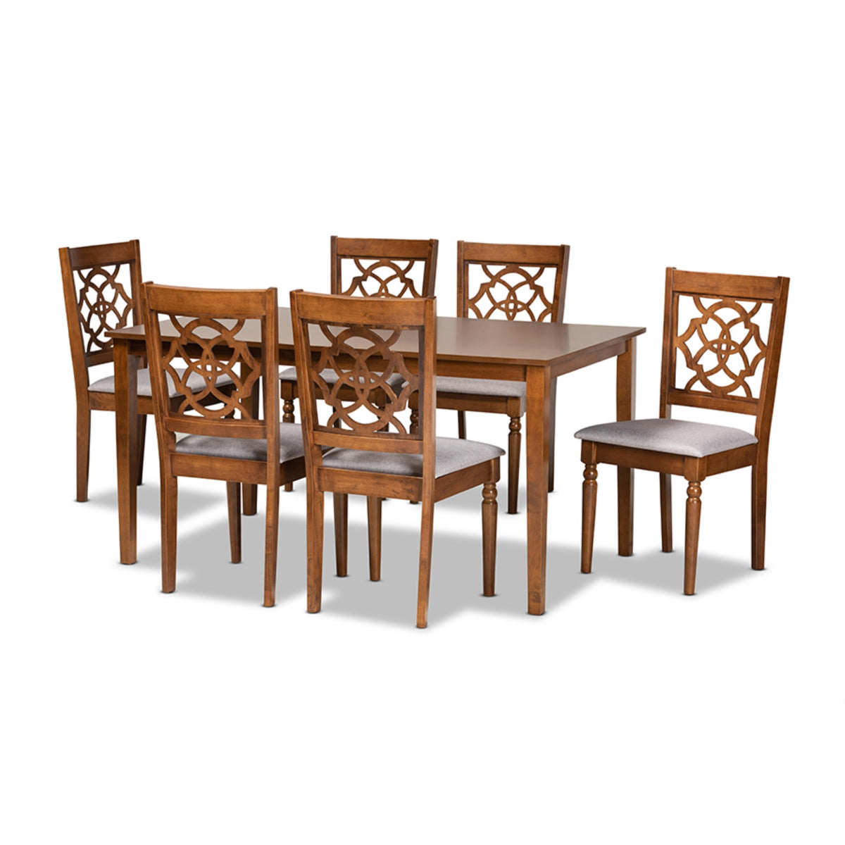 Baxton Studio Renaud Modern And Contemporary Grey Fabric Upholstered And Walnut Brown Finished Wood 7Piece Dining Set