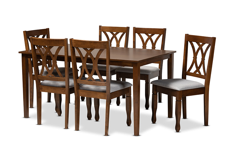 Baxton Studio Augustine Modern And Contemporary Grey Fabric Upholstered And Walnut Brown Finished Wood 7Piece Dining Set
