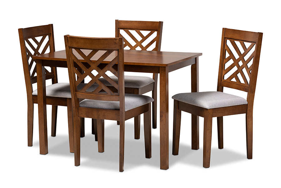 Baxton Studio Caron Modern And Contemporary Grey Fabric Upholstered Walnut Brown Finished Wood 5Piece Dining Set