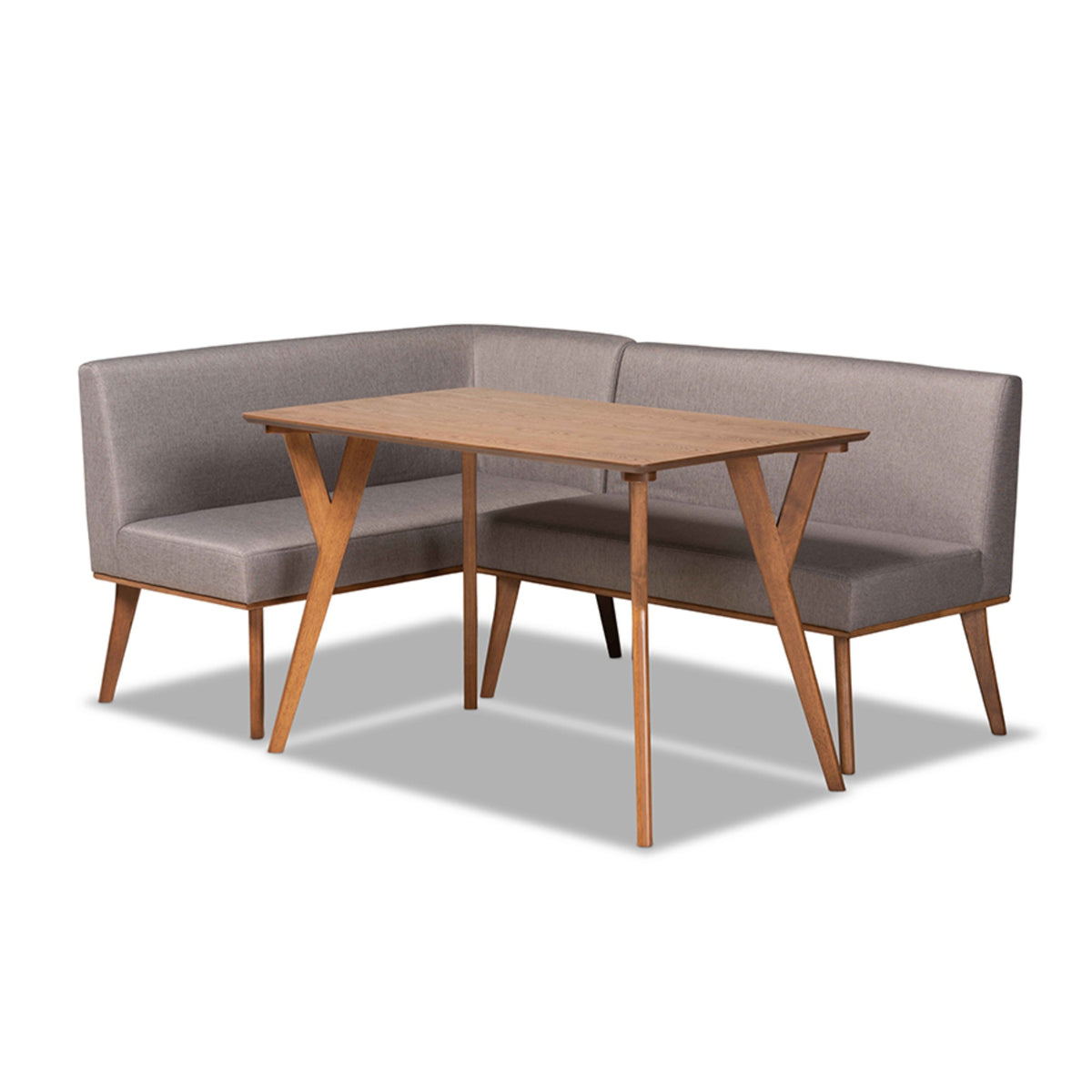 Baxton Studio Odessa Midcentury Modern Grey Fabric Upholstered And Walnut Brown Finished Wood 3Piece Dining Nook Set