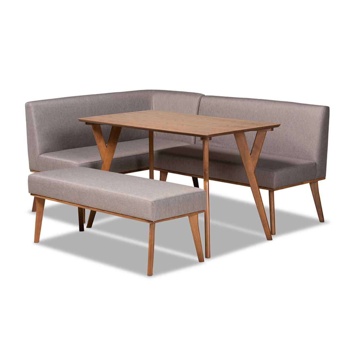 Baxton Studio Odessa Midcentury Modern Grey Fabric Upholstered And Walnut Brown Finished Wood 4Piece Dining Nook Set