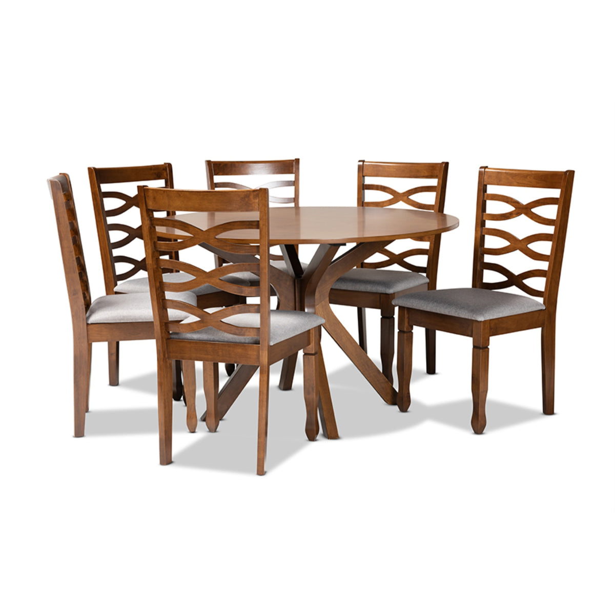Baxton Studio Mila Modern And Contemporary Grey Fabric Upholstered And Walnut Brown Finished Wood 7Piece Dining Set