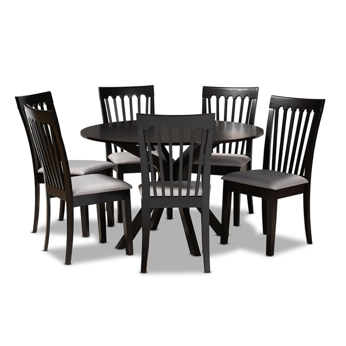 Baxton Studio Lore Modern And Contemporary Grey Fabric Upholstered And Dark Brown Finished Wood 7Piece Dining Set