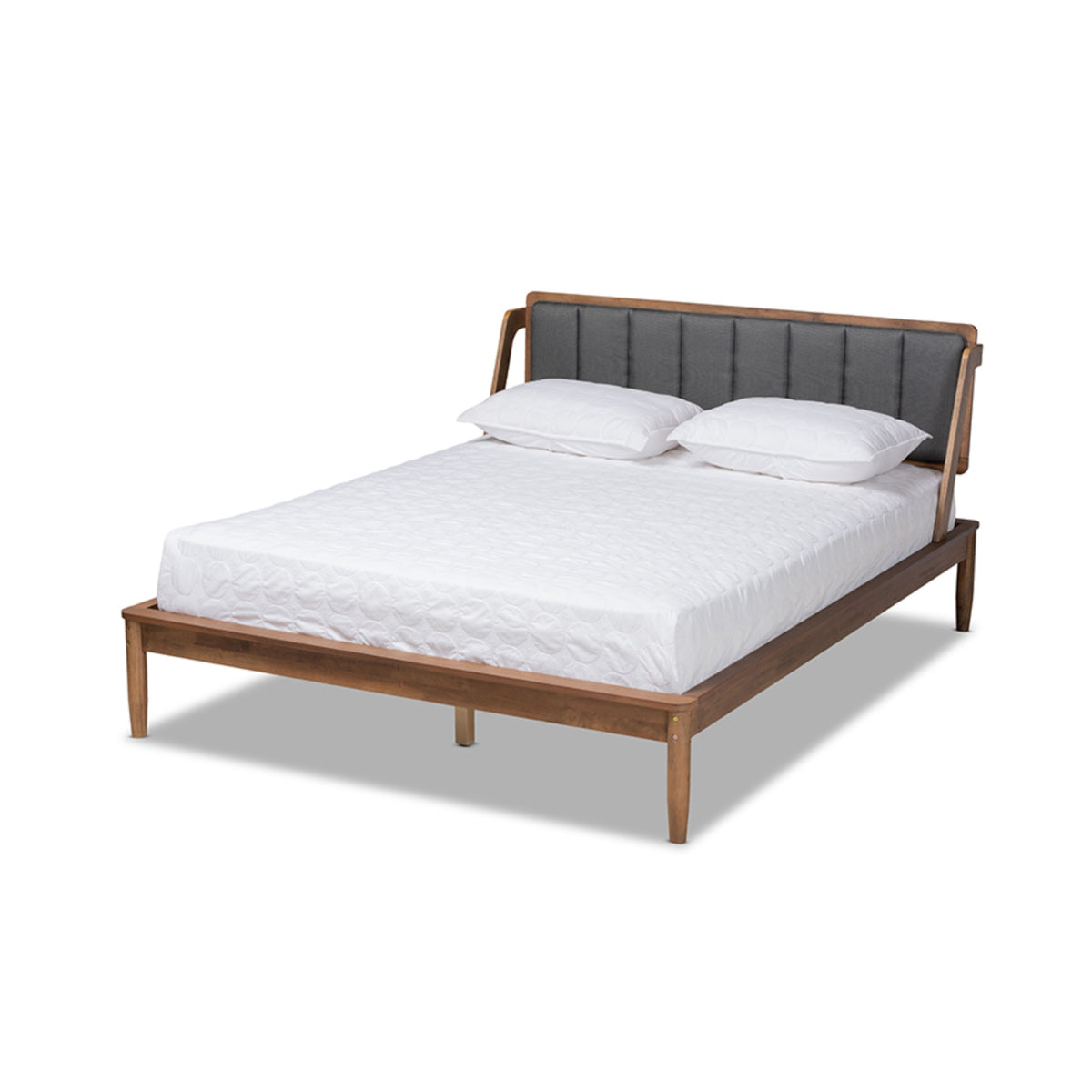 Baxton Studio Helsa Midcentury Modern Dark Grey Fabric Upholstered And Walnut Finished Queen Size Platform Bed