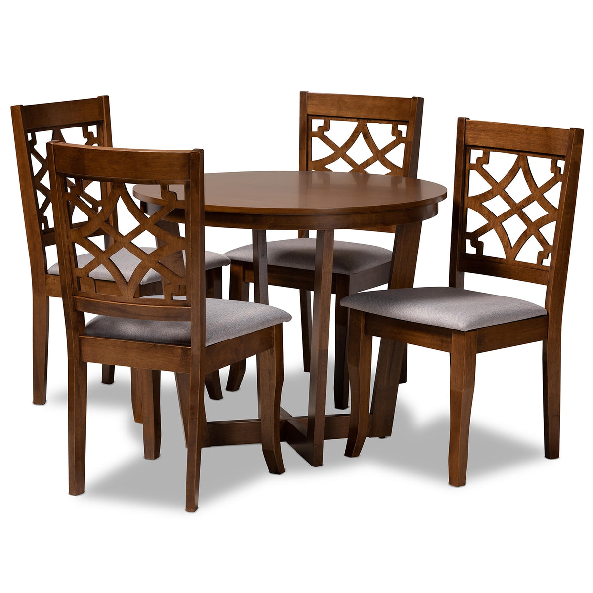Baxton Studio Tricia Modern And Contemporary Grey Fabric Upholstered And Walnut Brown Finished Wood 5Piece Dining Set